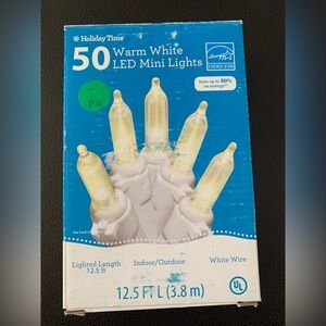 Holiday Time 50 Warm White LED Mini Christmas Lights Outdoor White Wire 12FT 7"